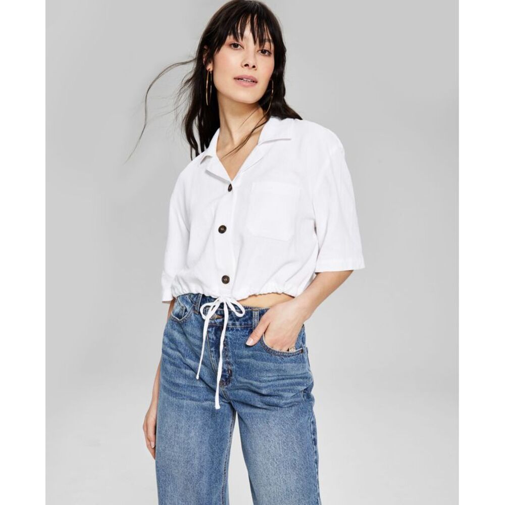 And Now This Now This Womens Tie Hem Cropped Shirt